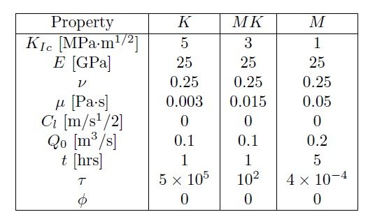 Input parameters for numerical simulations of propagation of multiple "radial" hydraulic fractures