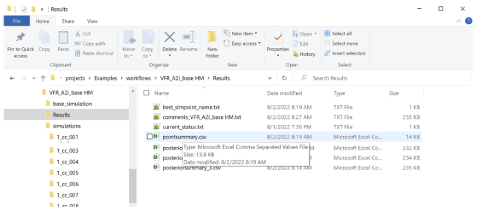 Figure 18. Raw results folder for the workflow and pointsummary.csv file.