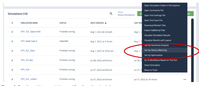 Figure 6. Creating a history matching workflow from the simulation menu.