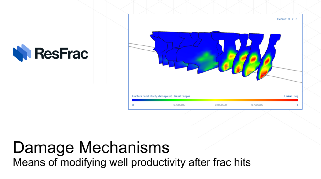 ResFrac logo beside a 3D fracture conductivity heatmap diagram colored from blue to red, with a color scale bar at the bottom.