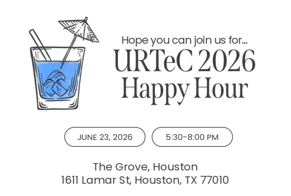Invitation for URTeC 2026 Happy Hour featuring a cocktail illustration; June 23, 2026, 5:30–8:00 PM at The Grove, Houston, TX (1611 Lamar St).