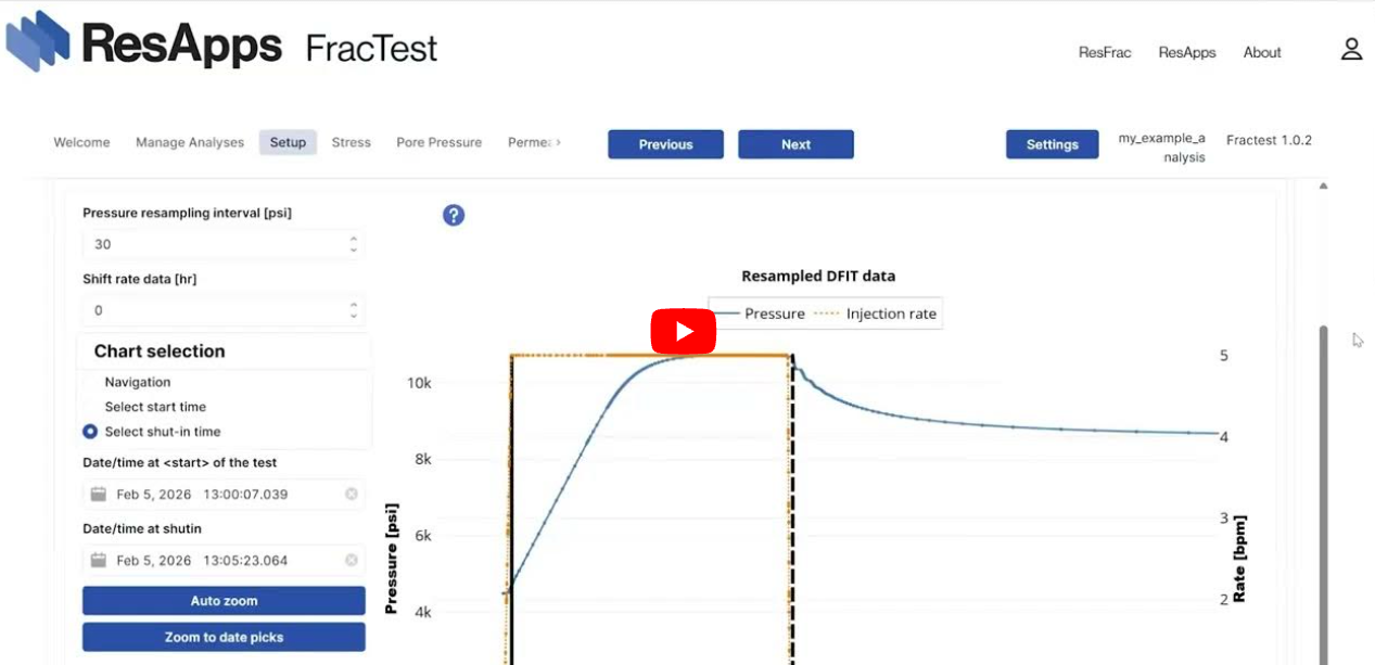 Setup screen of ResApps FracTest showing a chart labeled 'Resampled DFIT data' with a left panel of controls (pressure resampling interval, shift rate, date/time) and top navigation tabs (Welcome, Manage Analyses, Setup, Settings).